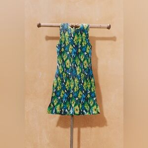 Simon Miller BELLE SMOCKED BLUE GREE PATTERN MINI DRESS IN ABSTRACT FLORAL